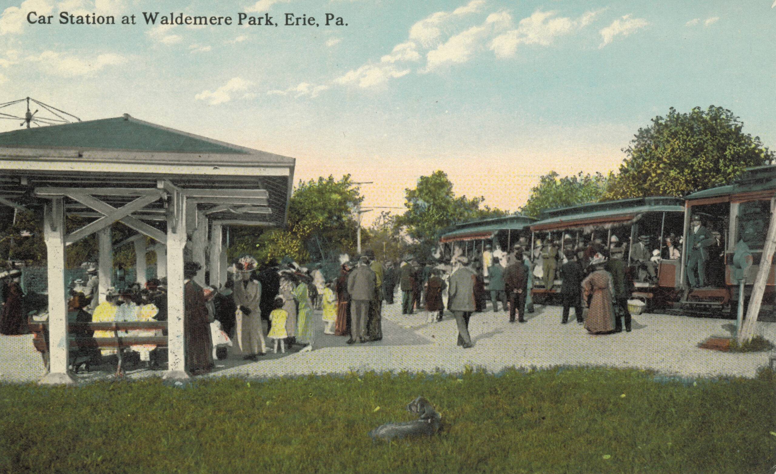 Postcard image of the old trolley line station at Waldameer. 