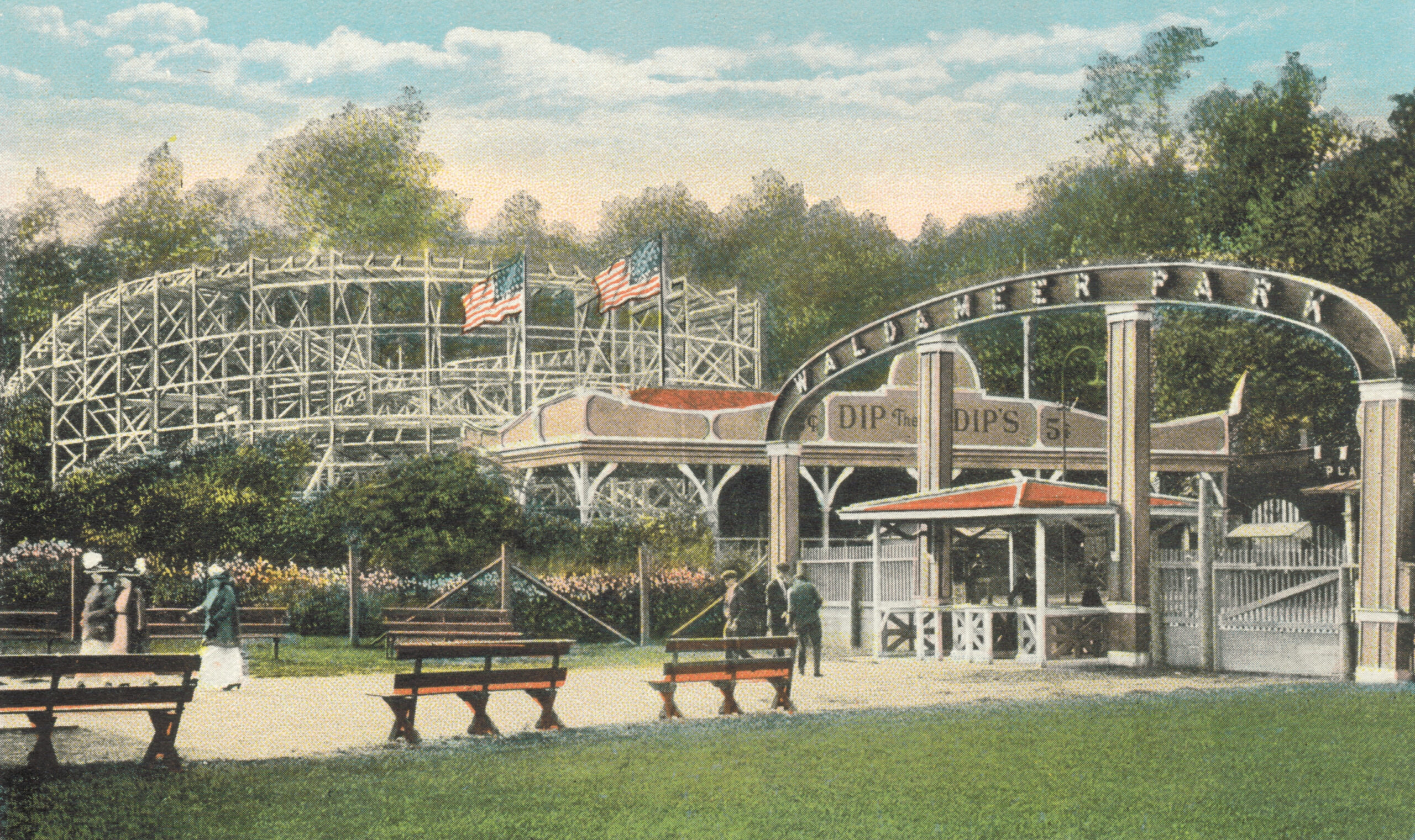 Postcard image of the Dip the Dips roller coaster at Waldameer.