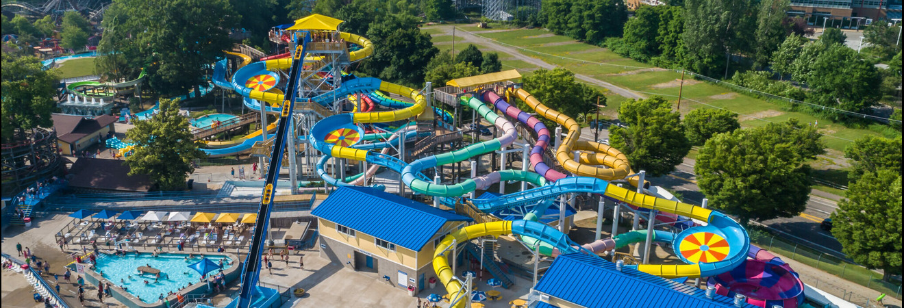 Aerial view of water slides in Water World.