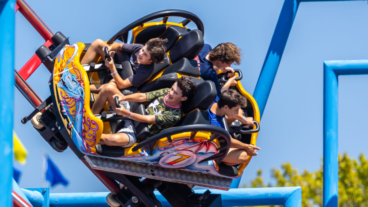 Riders on Steel Dragon at Waldameer.