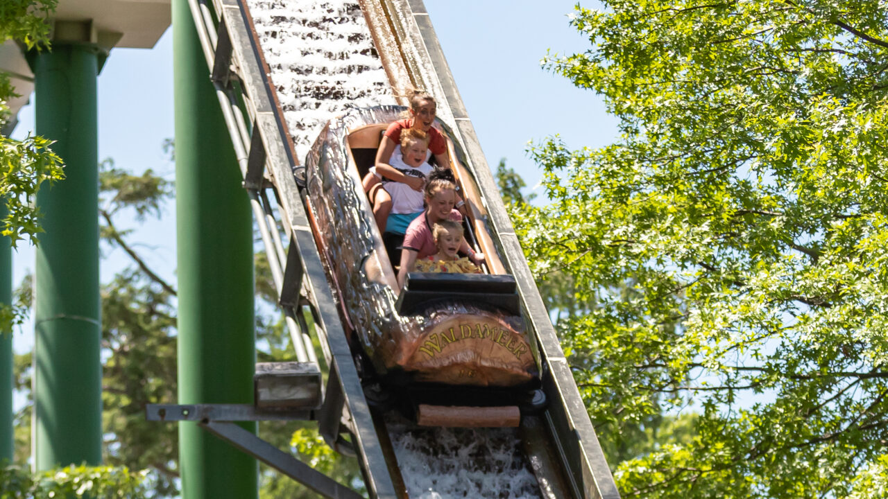 Guests going down the large hill on Thunder Rive at Waldameer.