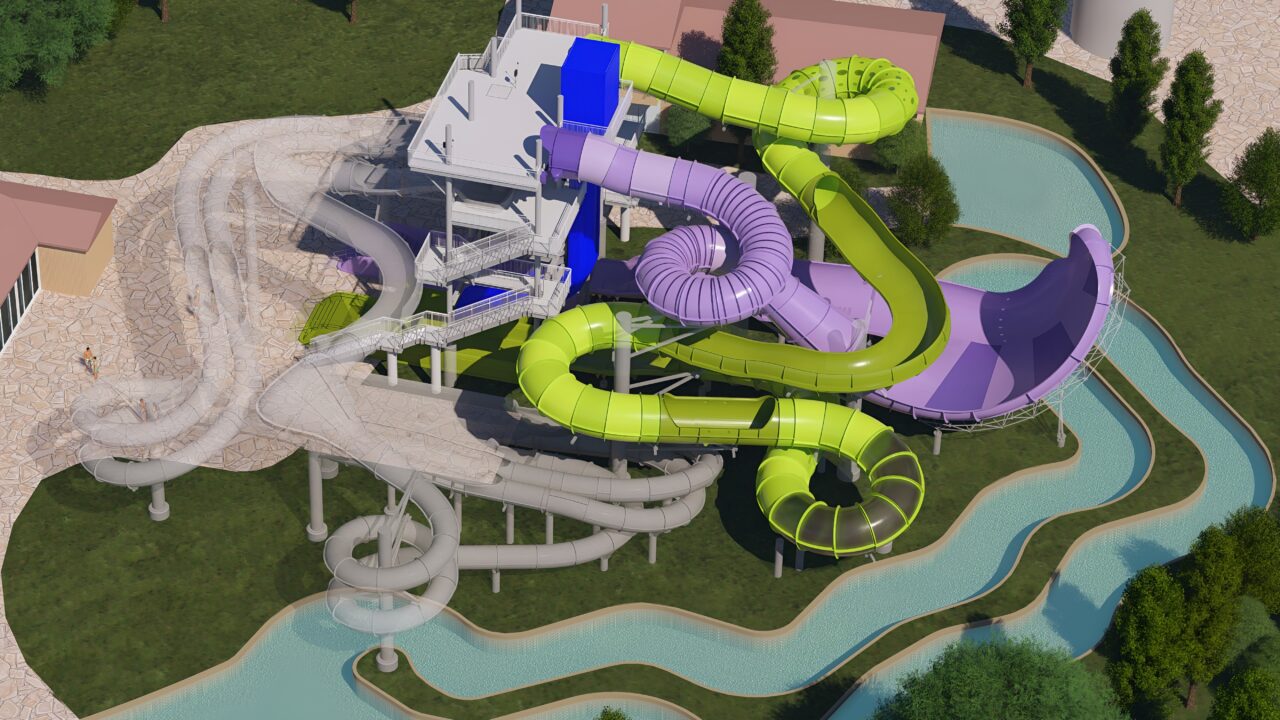 Digital rendering of a new water slide and Endless River opening in Summer 2026 in Water World.