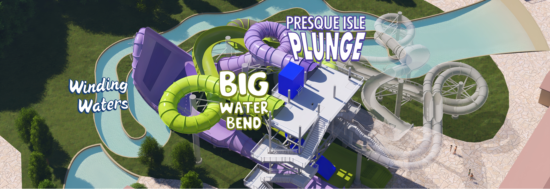 Digital rendering of new slides and endless river attractions coming to Water World in 2026.