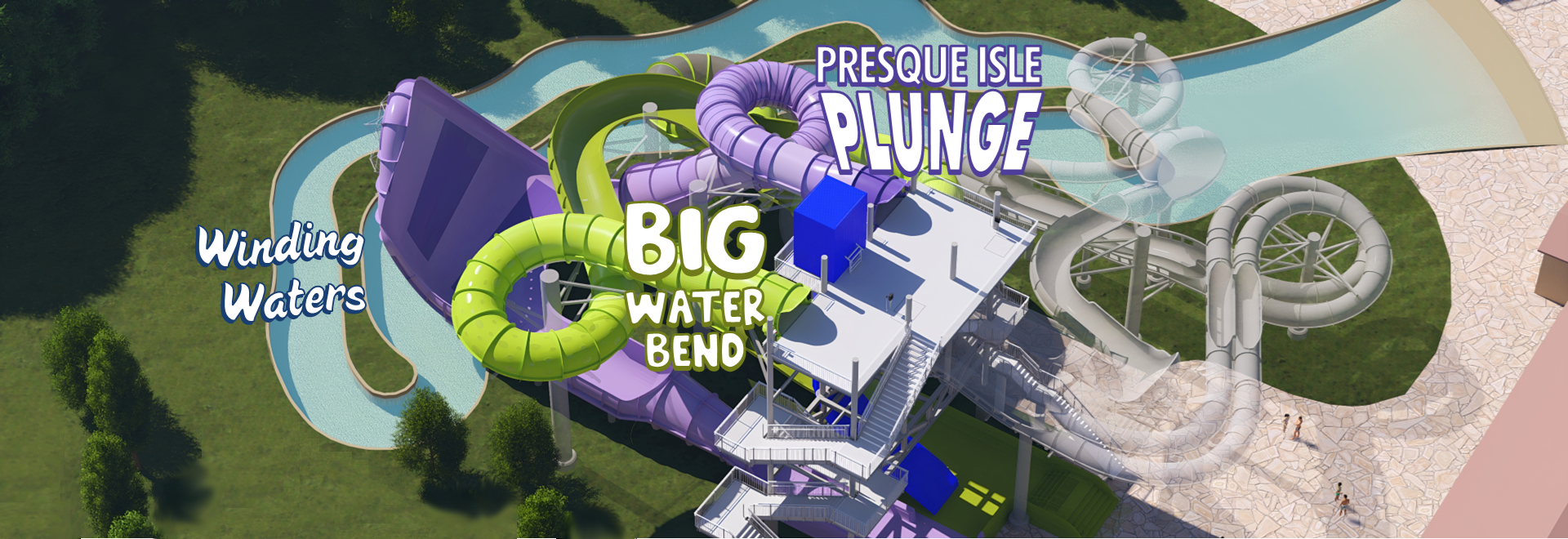 Digital rendering of new slides and endless river attractions coming to Water World in 2026.